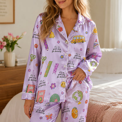 PJ-278-Satin Colorful Back to School White Piping Button Up Pajama Set