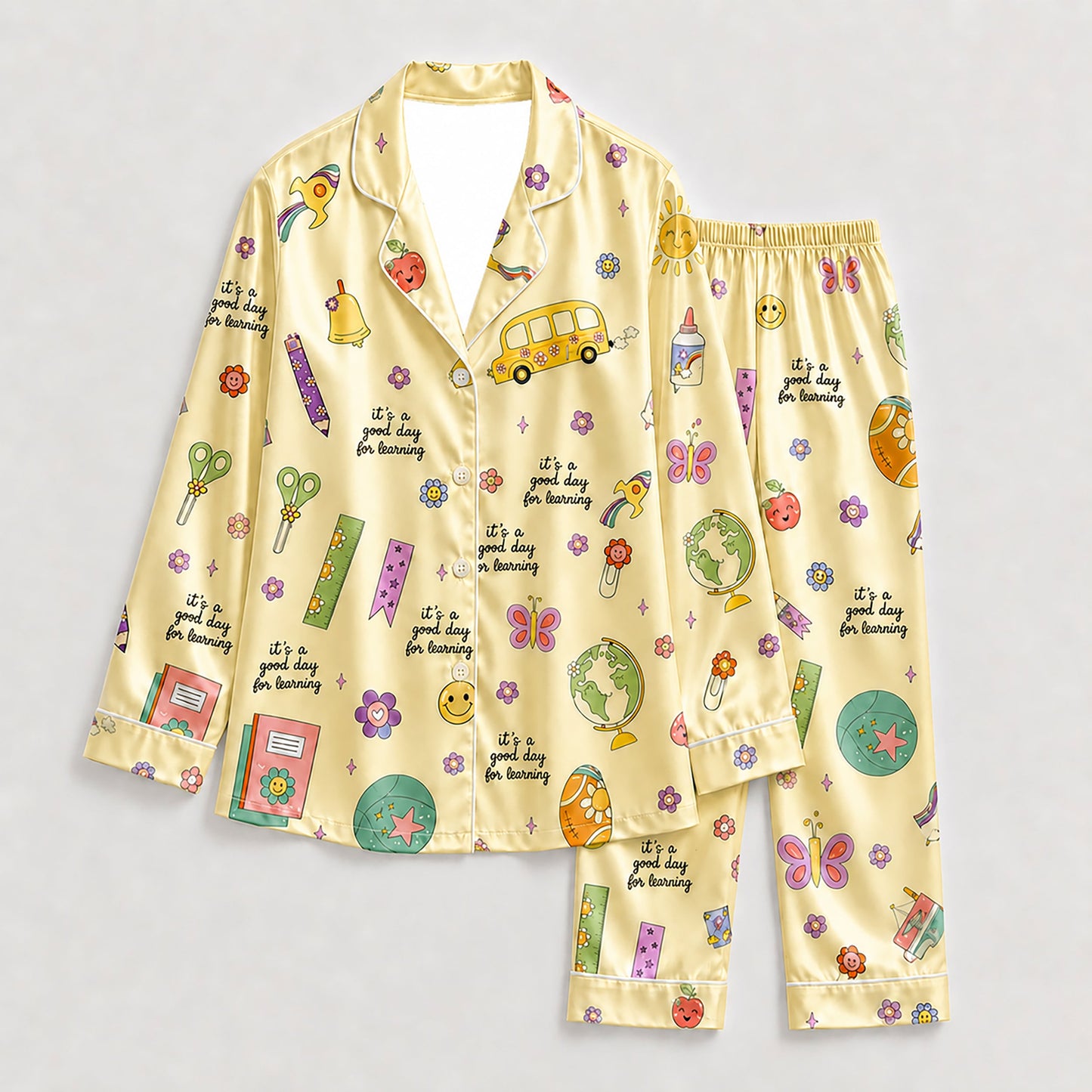 PJ-278-Satin Colorful Back to School White Piping Button Up Pajama Set