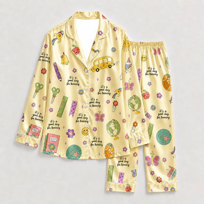 PJ-278-Satin Colorful Back to School White Piping Button Up Pajama Set