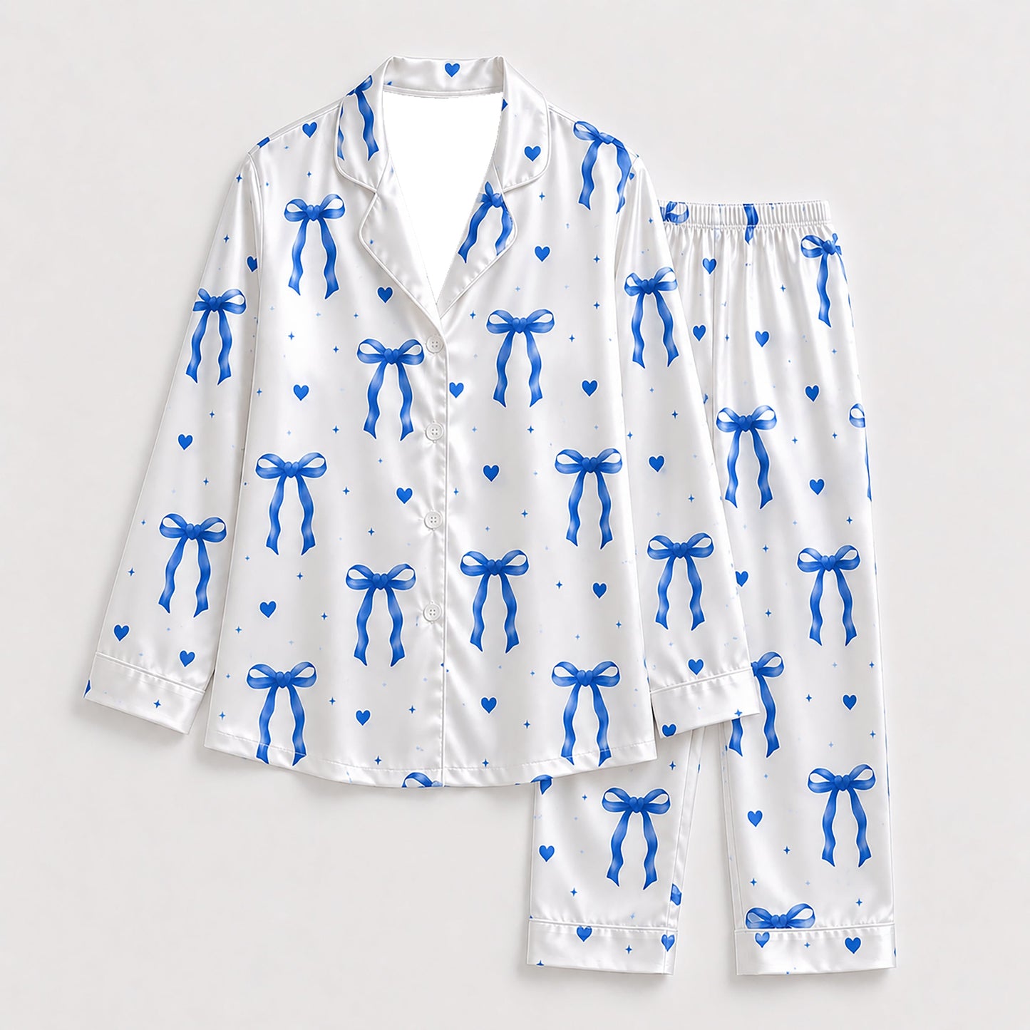 PJ-285-Cobalt Blue Coquette Bow Satin Pajama Set, White Graphic Heart Loungewear Sleepwear Collection Nightwear