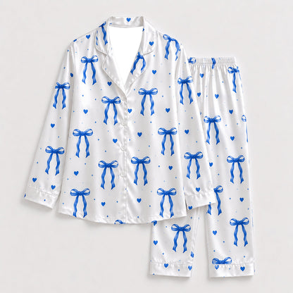 PJ-285-Cobalt Blue Coquette Bow Satin Pajama Set, White Graphic Heart Loungewear Sleepwear Collection Nightwear