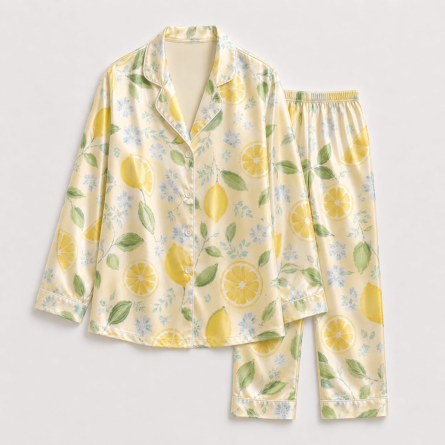 PJ-295-Yellow Citrus Pattern Satin Pajama Set, Romantic Golden Graphic Print Homewear Pjs Set Lounging