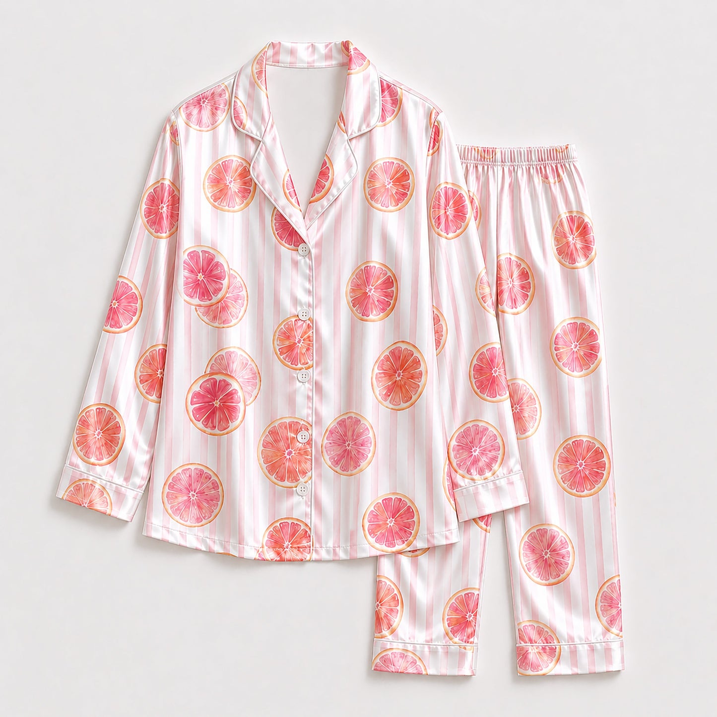PJ-296-Pink Grapefruit Striped Satin Pajama Set, White Graphic Citrus Fruit Loungewear Sleepwear Nightwear Collection