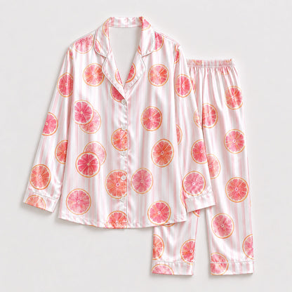 PJ-296-Pink Grapefruit Striped Satin Pajama Set, White Graphic Citrus Fruit Loungewear Sleepwear Nightwear Collection