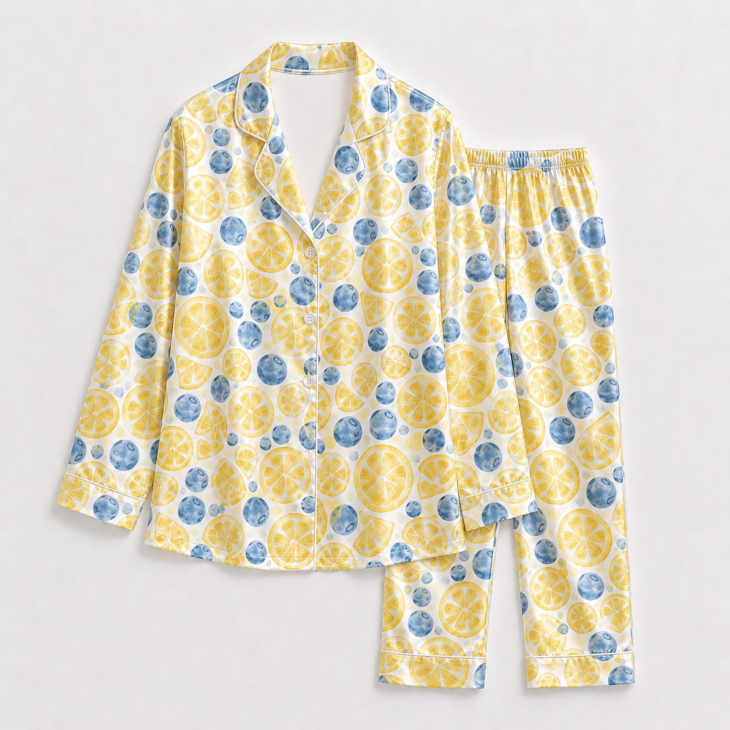PJ-297-Patterned Orchard Luxury Satin Pajama Set, Light Amber Short Sleeve Button Front Apparel Nightshirts
