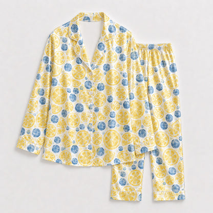 PJ-297-Patterned Orchard Luxury Satin Pajama Set, Light Amber Short Sleeve Button Front Apparel Nightshirts