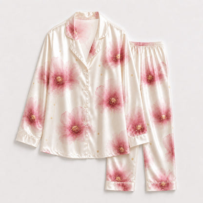 PJ-119-Watercolor Blossom Satin Pajama Set, Graphic Poppy Patterned Multicolor Unisex Loungewear Nightwear Apparel