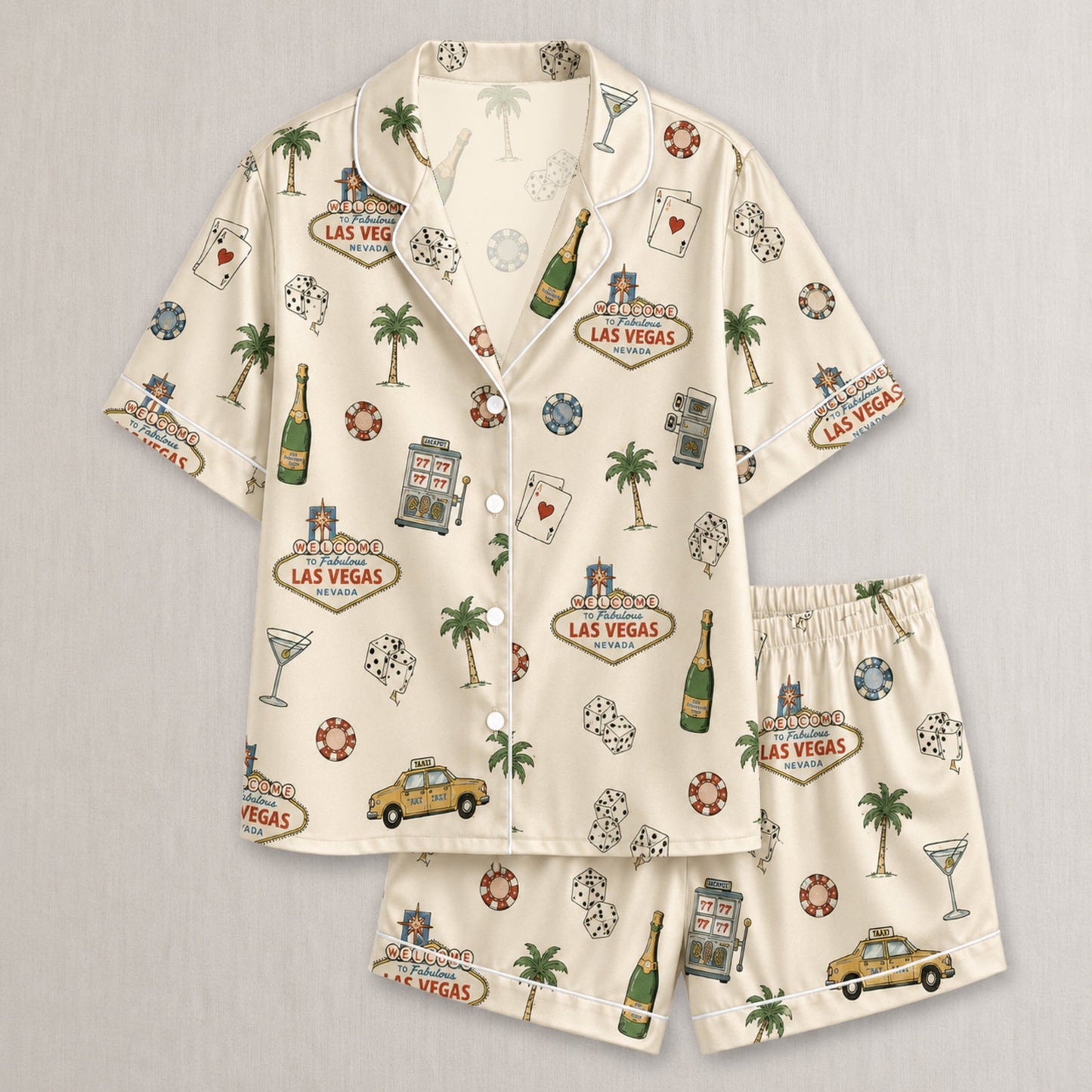 PJ-001-Cream Las Vegas Casino Satin Pajama Set, Ivory Graphic Bachelorette Loungewear Sleepwear Nightwear Collection