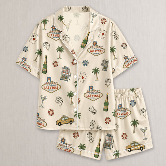 PJ-001-Cream Las Vegas Casino Satin Pajama Set, Ivory Graphic Bachelorette Loungewear Sleepwear Nightwear Collection