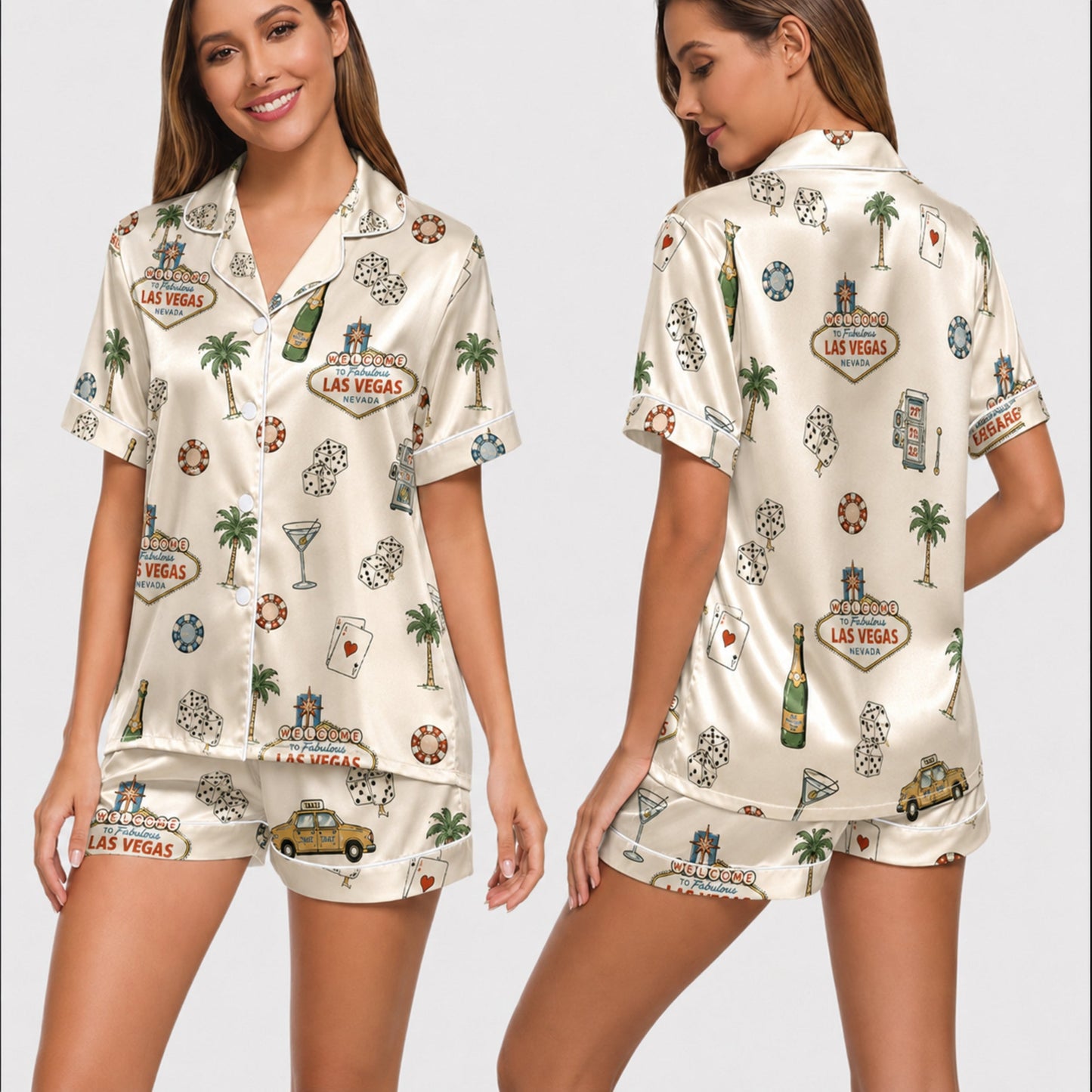 PJ-001-Cream Las Vegas Casino Satin Pajama Set, Ivory Graphic Bachelorette Loungewear Sleepwear Nightwear Collection