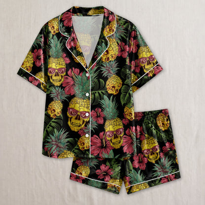 PJ-002-Minimalist Skull Art Satin Pajama Set, Patterned Pitch Tone Lounge Underwear Nightdress Coordinates Lounge
