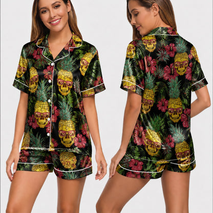 PJ-002-Minimalist Skull Art Satin Pajama Set, Patterned Pitch Tone Lounge Underwear Nightdress Coordinates Lounge