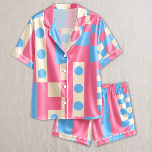 PJ-003-Pink Blue Geometric Block Satin Pajama Set, Cream Graphic Polkadot Loungewear Sleepwear Nightwear
