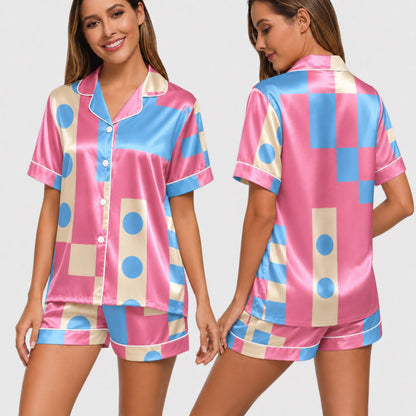 PJ-003-Pink Blue Geometric Block Satin Pajama Set, Cream Graphic Polkadot Loungewear Sleepwear Nightwear