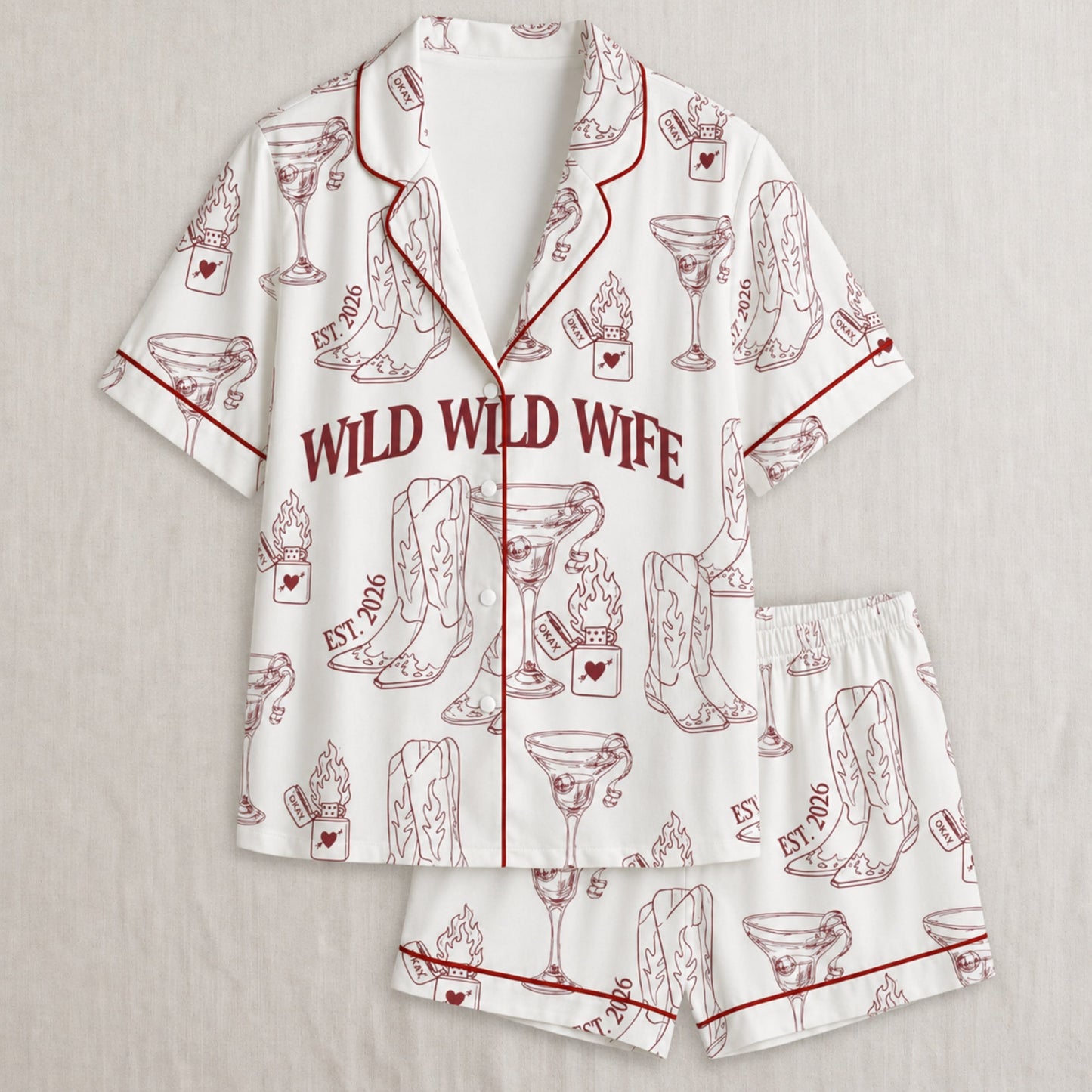 PJ-004-Cute Country Wedding Satin Pajama Set, Romantic Wine Graphic Print Homewear Pjs Set Lounging