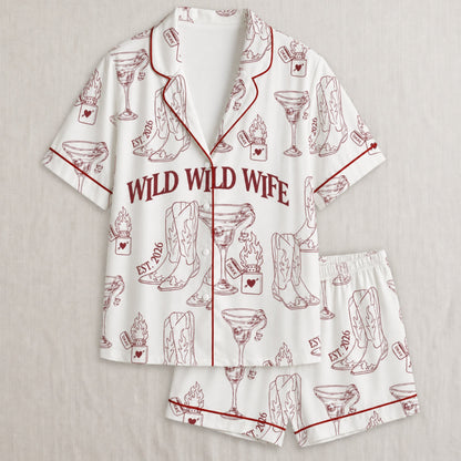 PJ-004-Cute Country Wedding Satin Pajama Set, Romantic Wine Graphic Print Homewear Pjs Set Lounging