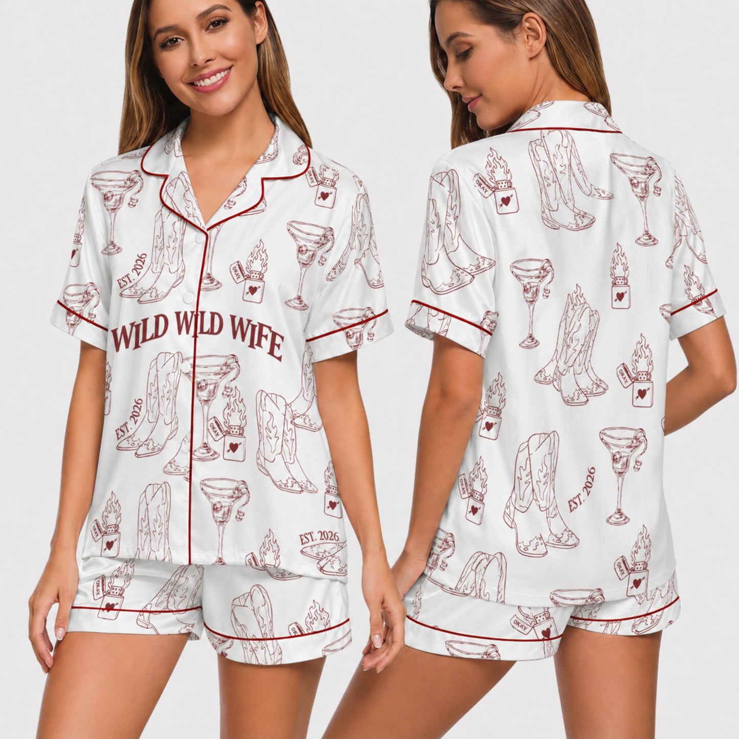 PJ-004-Cute Country Wedding Satin Pajama Set, Romantic Wine Graphic Print Homewear Pjs Set Lounging