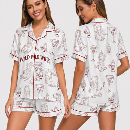 PJ-004-Cute Country Wedding Satin Pajama Set, Romantic Wine Graphic Print Homewear Pjs Set Lounging