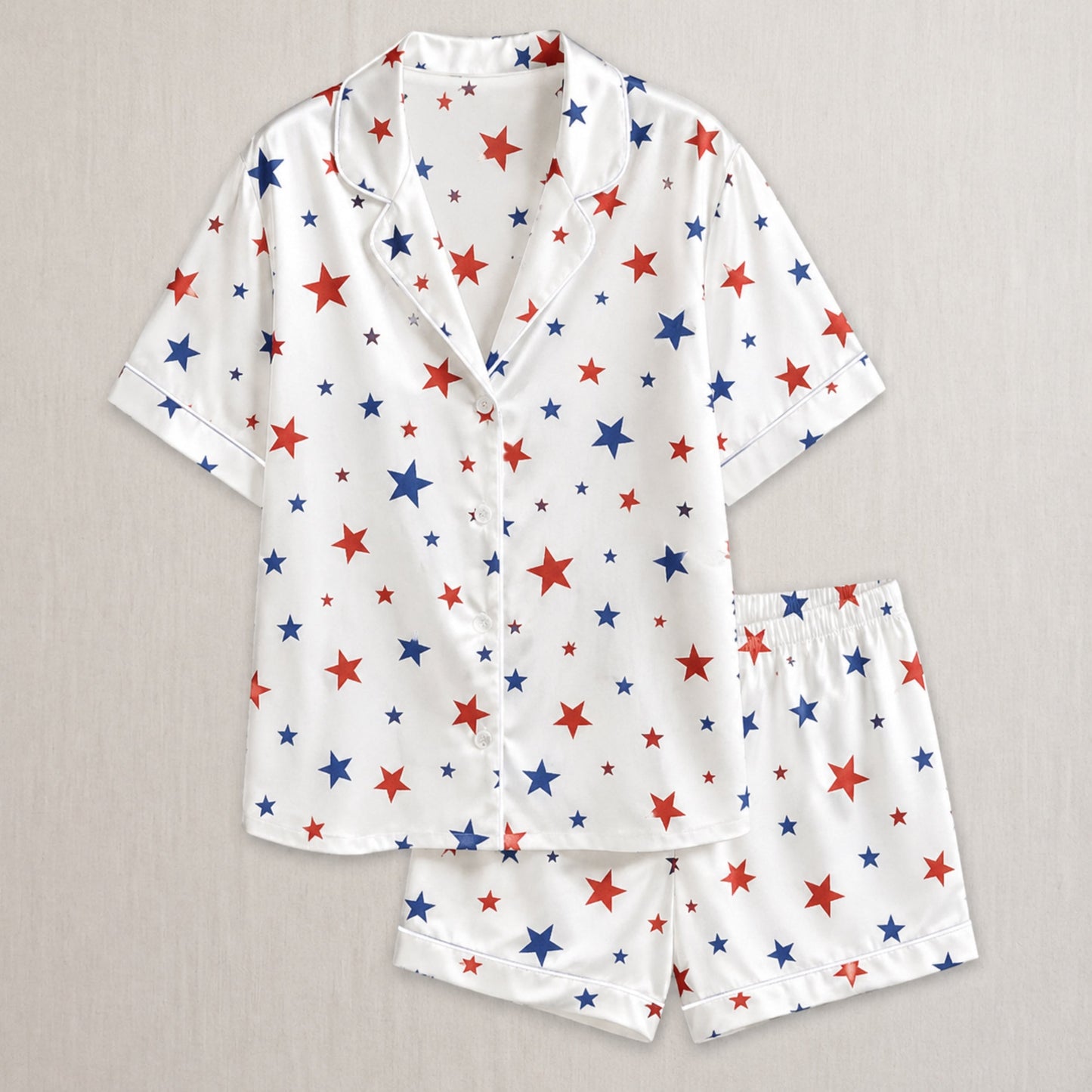 PJ-005-Patterned Constellation Premium Satin Pajama Set, Light Alabaster Short Sleeve Button Front Apparel Nightshirts