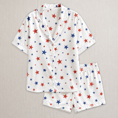 PJ-005-Patterned Constellation Premium Satin Pajama Set, Light Alabaster Short Sleeve Button Front Apparel Nightshirts