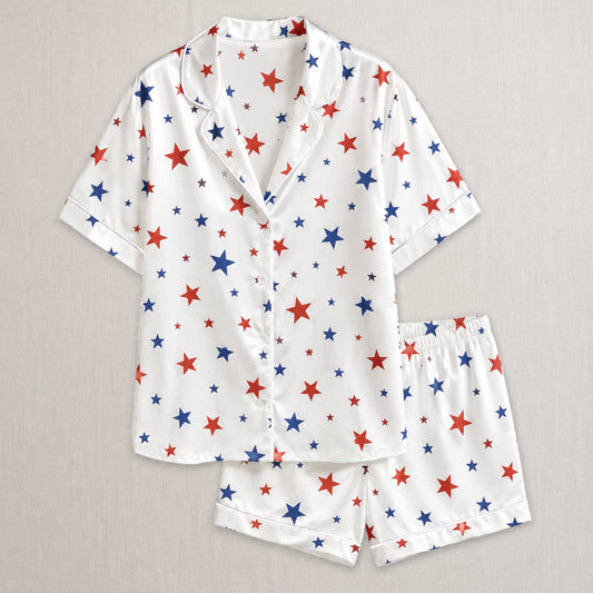 PJ-005-Patterned Constellation Premium Satin Pajama Set, Light Alabaster Short Sleeve Button Front Apparel Nightshirts