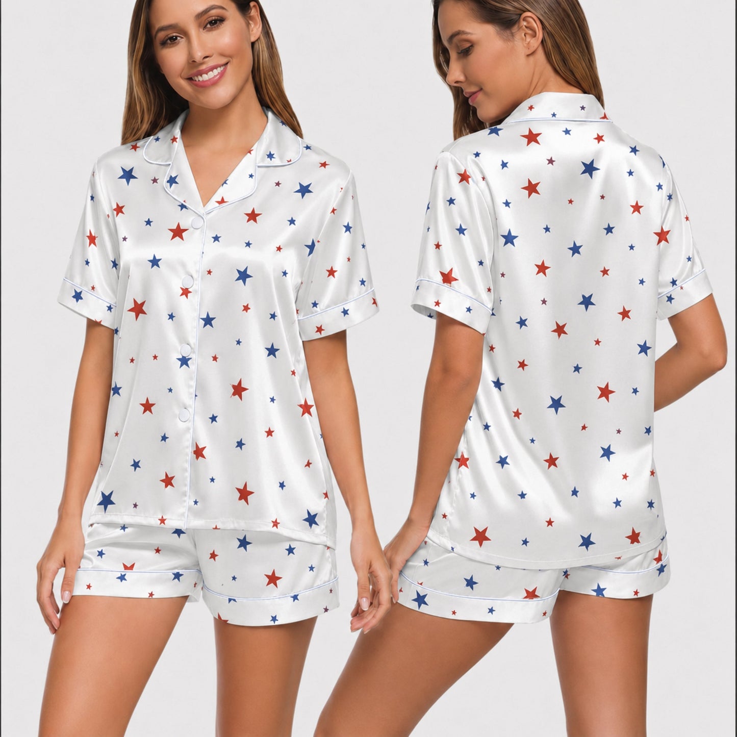 PJ-005-Patterned Constellation Premium Satin Pajama Set, Light Alabaster Short Sleeve Button Front Apparel Nightshirts