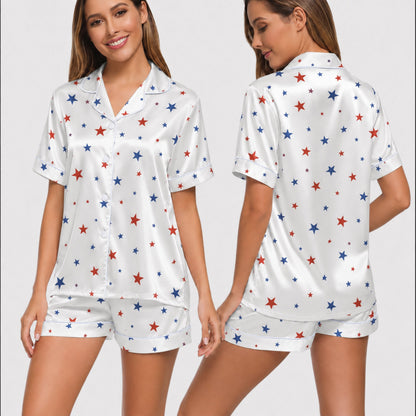 PJ-005-Patterned Constellation Premium Satin Pajama Set, Light Alabaster Short Sleeve Button Front Apparel Nightshirts