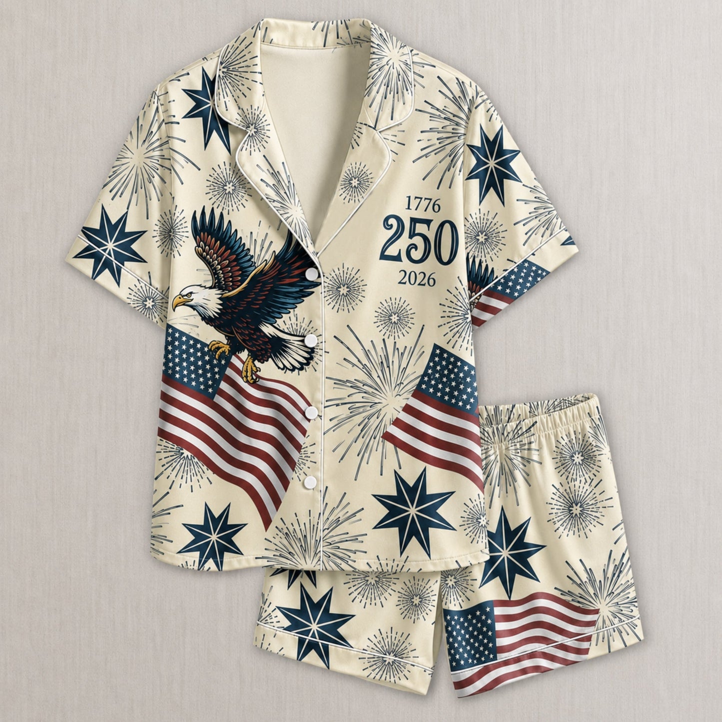 PJ-006-Repeating Independence Fireworks Printed Satin Pajama Set, Whimsical Jubilee Pastel Unisex Sleepwear Lounge Coordinates
