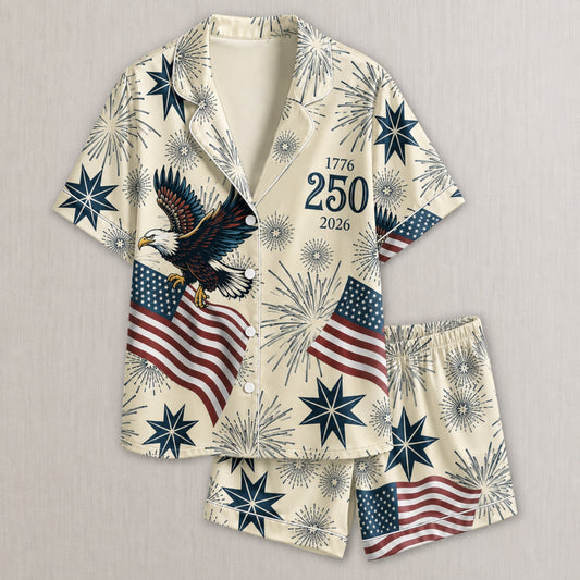PJ-006-Repeating Independence Fireworks Printed Satin Pajama Set, Whimsical Jubilee Pastel Unisex Sleepwear Lounge Coordinates