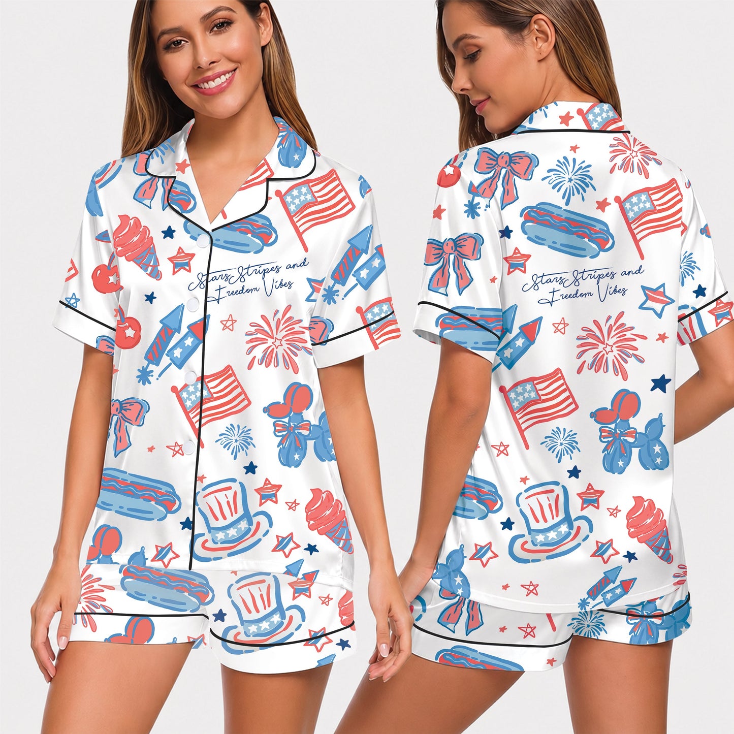 PJ-018-Satin Americana Black Piping Button Up Long/Short Pajama Set