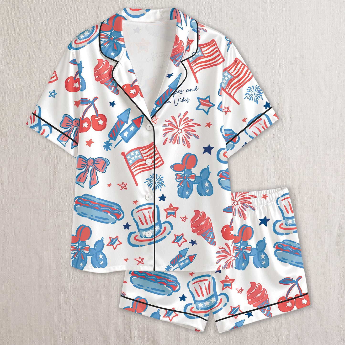 PJ-018-Satin Americana Black Piping Button Up Long/Short Pajama Set