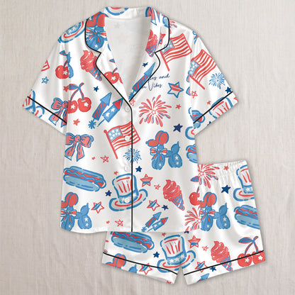 PJ-018-Satin Americana Black Piping Button Up Long/Short Pajama Set