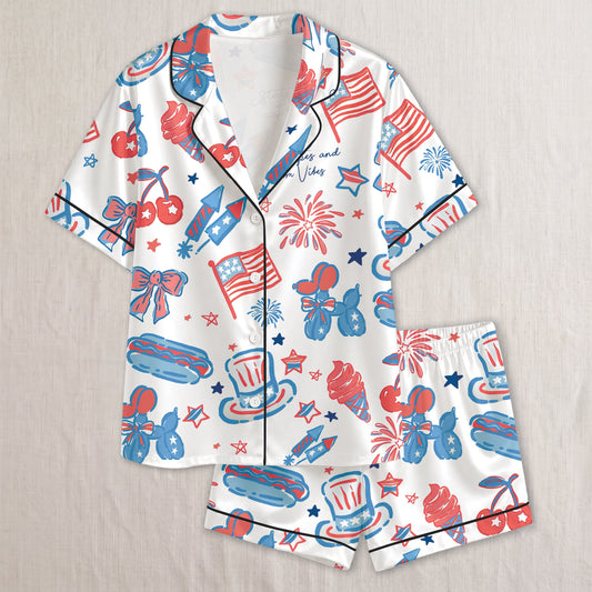 PJ-018-Satin Americana Black Piping Button Up Long/Short Pajama Set