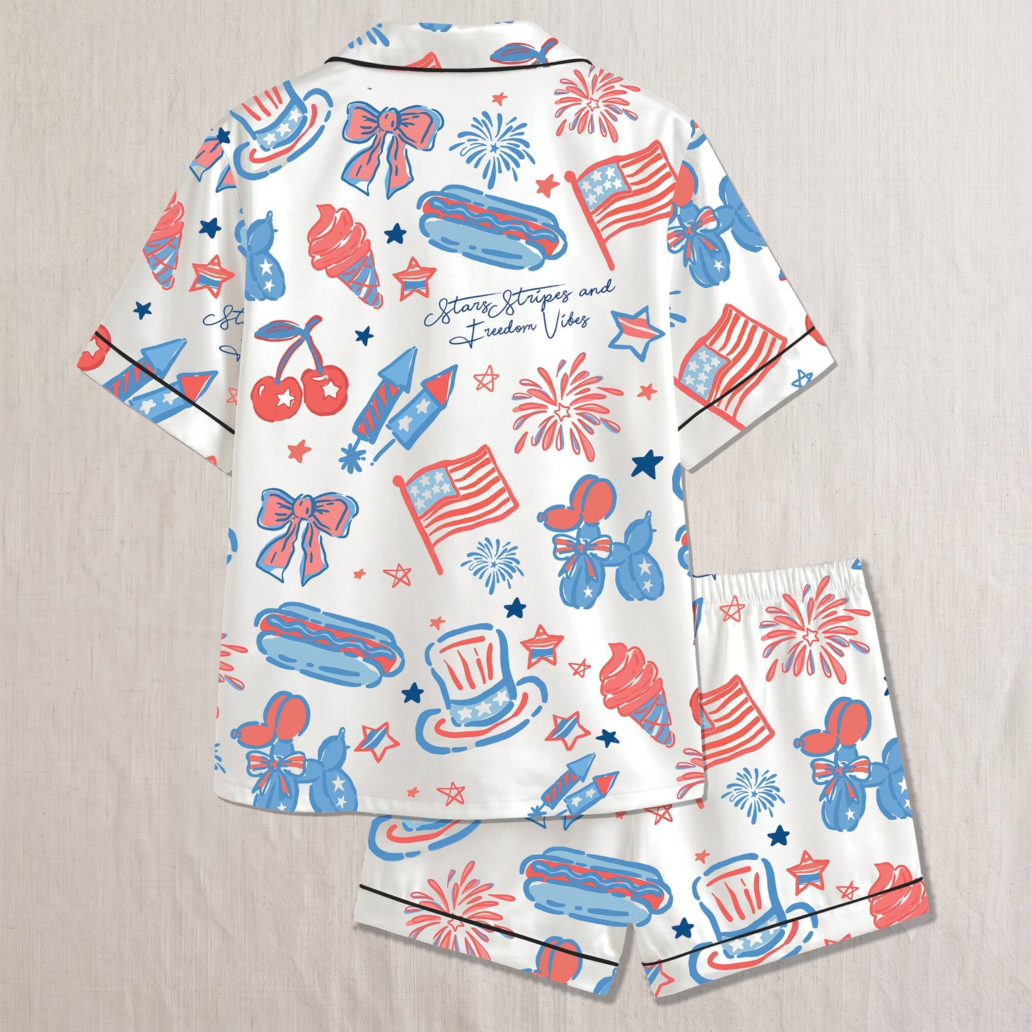 PJ-018-Satin Americana Black Piping Button Up Long/Short Pajama Set