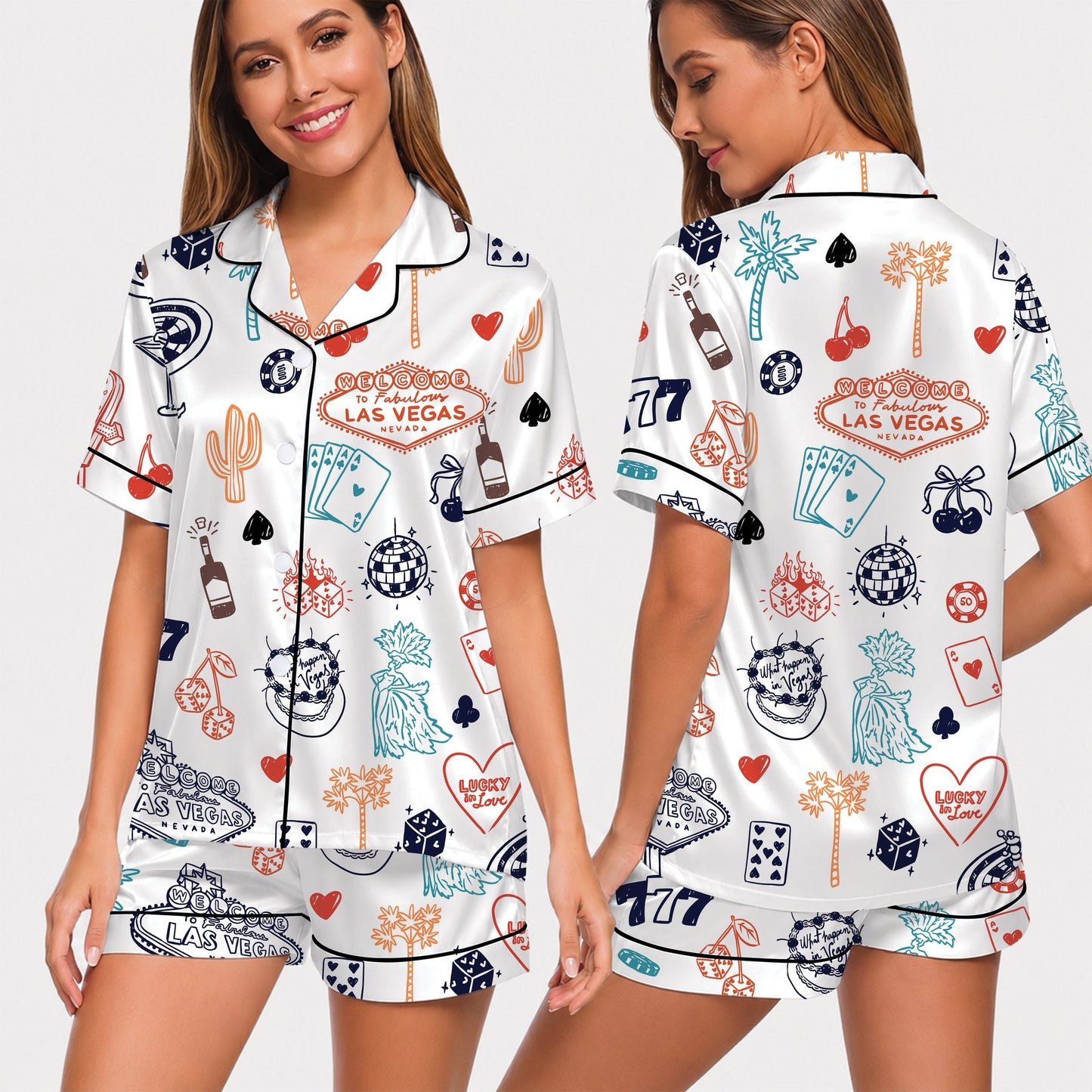PJ-019-Satin Las Vegas Black Piping Button Up Long/Short Pajama Set