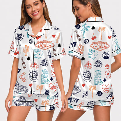 PJ-019-Satin Las Vegas Black Piping Button Up Long/Short Pajama Set