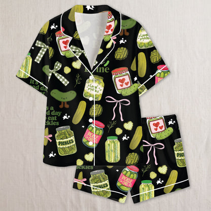 PJ-022-Satin Pickle Print Button Up Pajama Set