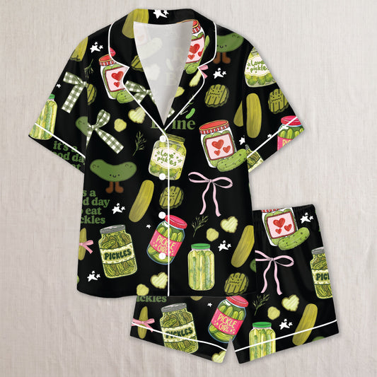 PJ-022-Satin Pickle Print Button Up Pajama Set