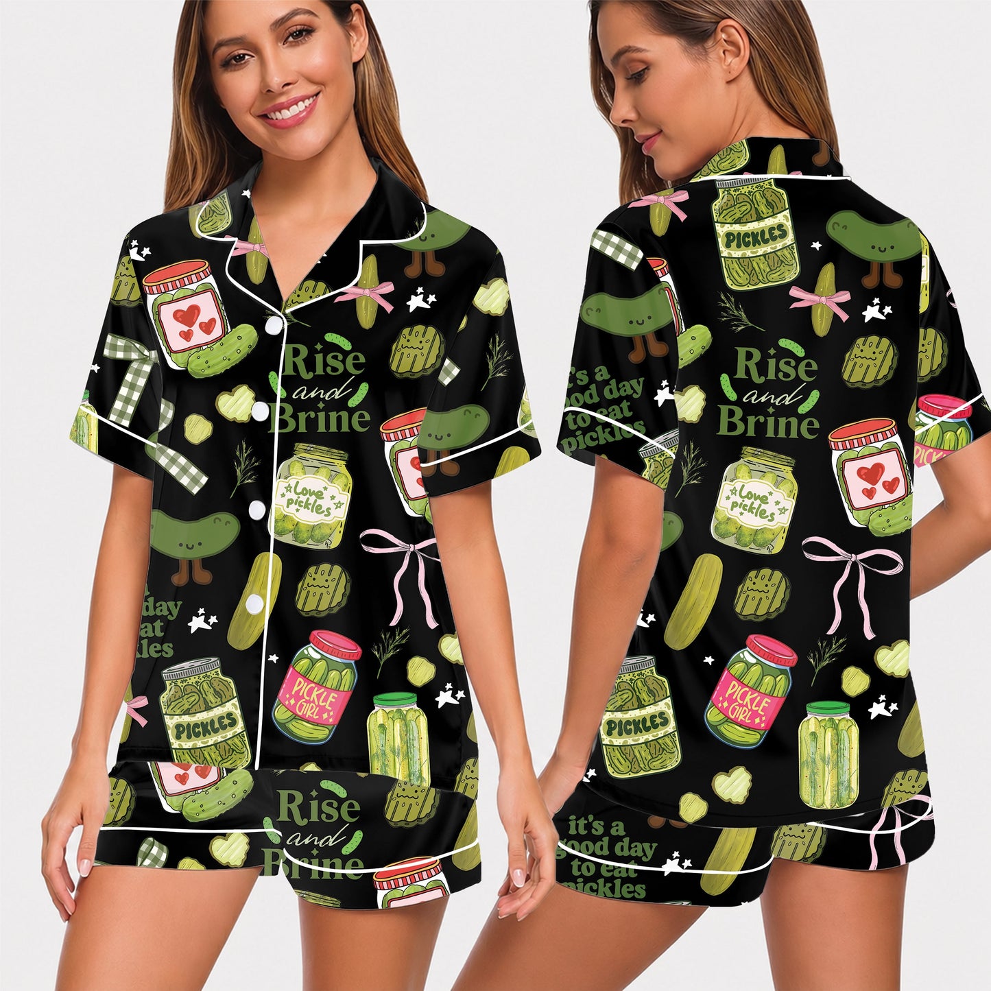 PJ-022-Satin Pickle Print Button Up Pajama Set