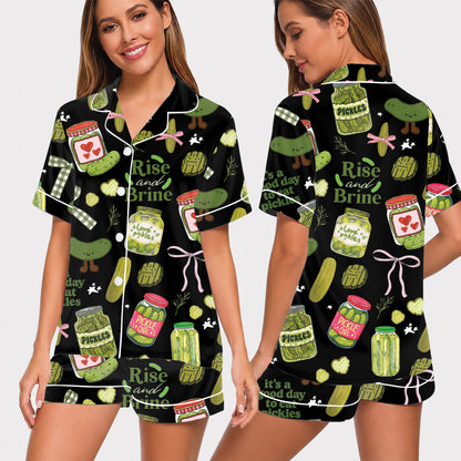 PJ-022-Satin Pickle Print Button Up Pajama Set