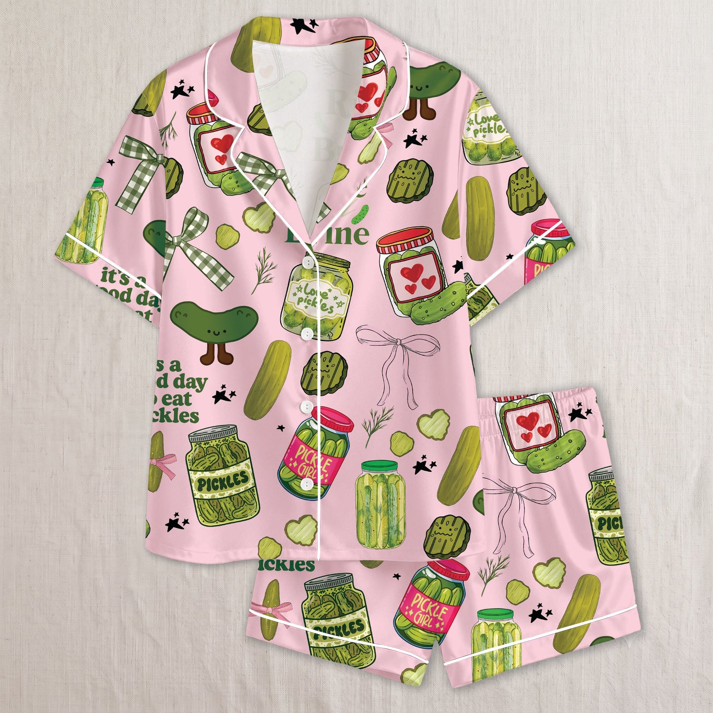 PJ-022-Satin Pickle Print Button Up Pajama Set