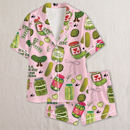 PJ-022-Satin Pickle Print Button Up Pajama Set