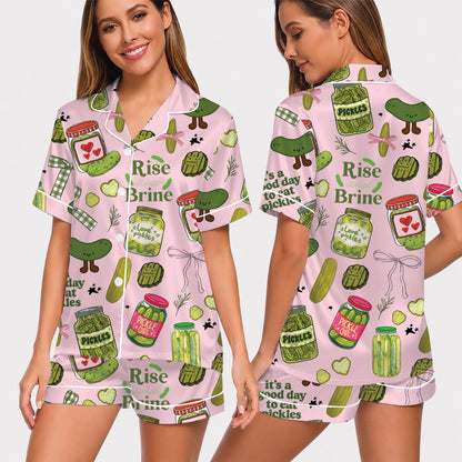 PJ-022-Satin Pickle Print Button Up Pajama Set