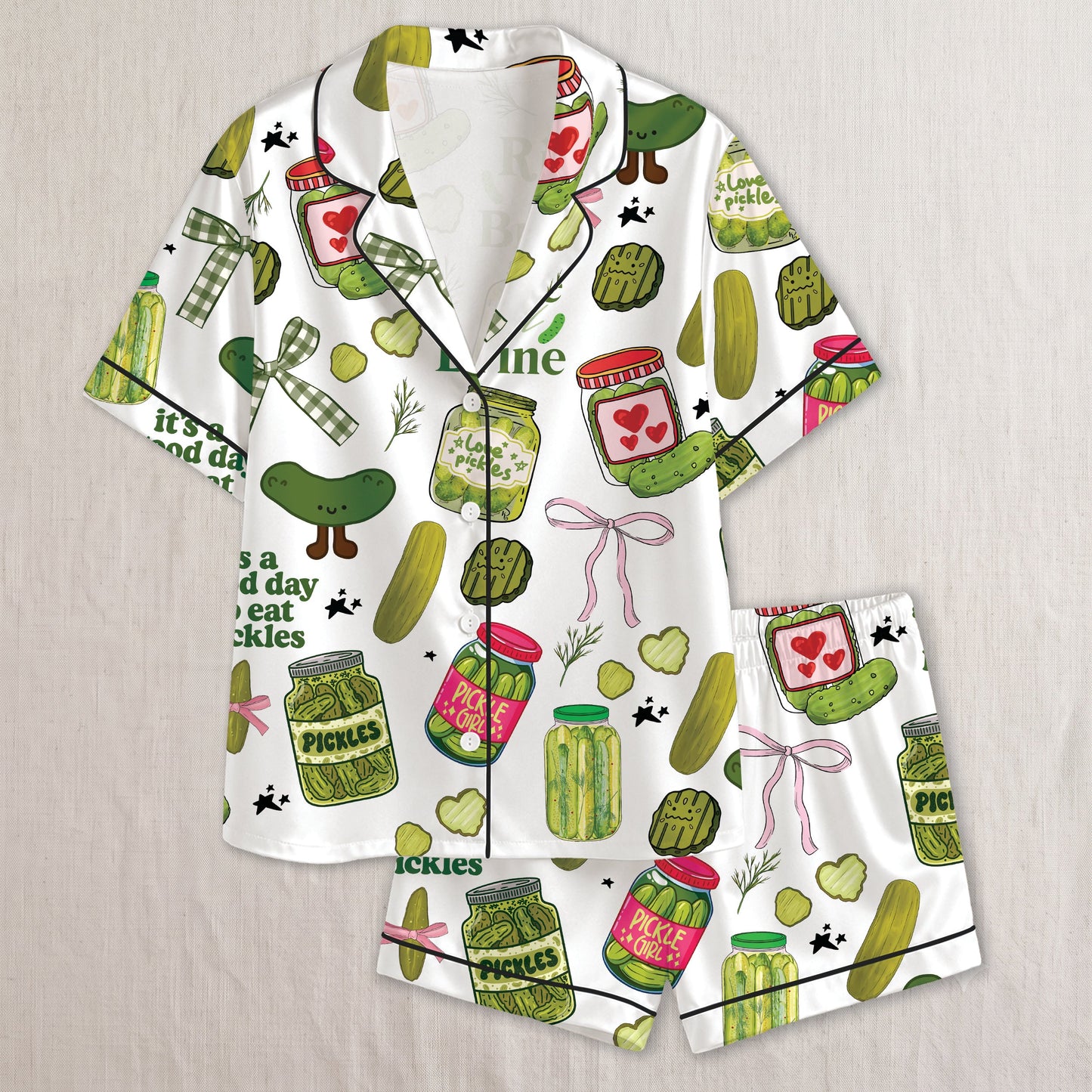 PJ-022-Satin Pickle Print Button Up Pajama Set
