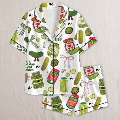 PJ-022-Satin Pickle Print Button Up Pajama Set