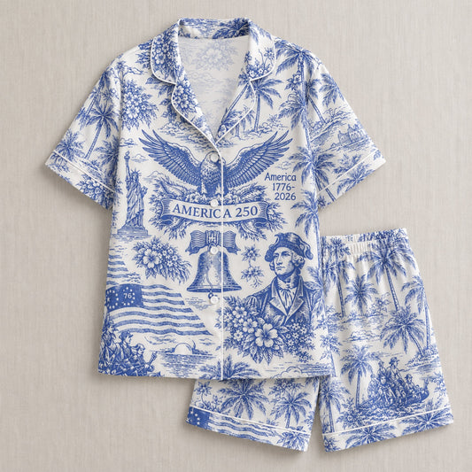 PJ-025-Satin America 250 Toile White Piping Button Up Long/Short Pajama Set