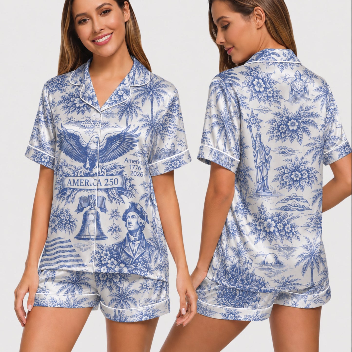 PJ-025-Satin America 250 Toile White Piping Button Up Long/Short Pajama Set