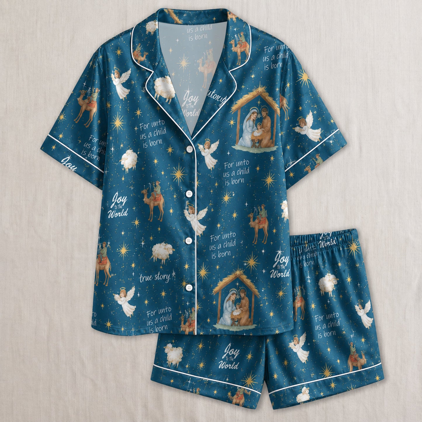 PJ-026-'Joy to the World' White Piping Button Up Long/Short Pajama Set