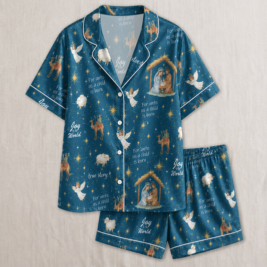 PJ-026-'Joy to the World' White Piping Button Up Long/Short Pajama Set