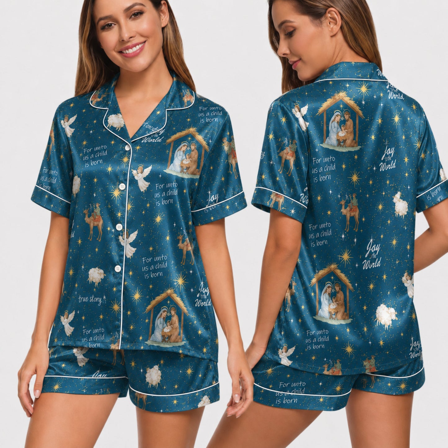 PJ-026-'Joy to the World' White Piping Button Up Long/Short Pajama Set